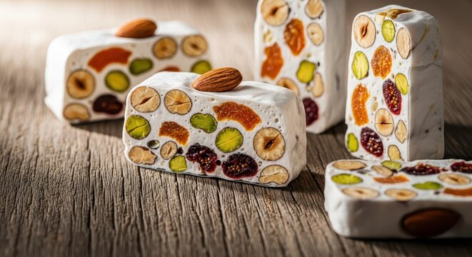 Artisanal Nougat Slices with Nuts and Dried Fruits on Rustic Wooden Surface