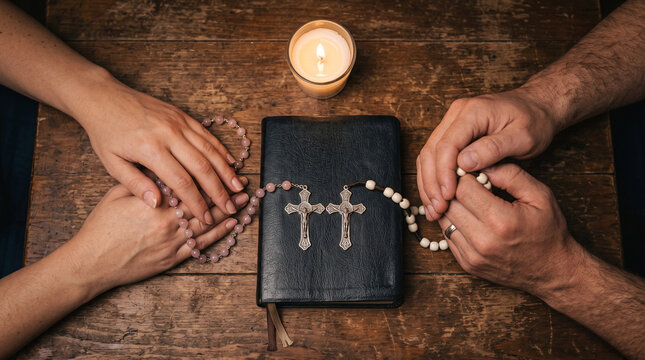 Couple praying hands and rosary on the top of bibble at church