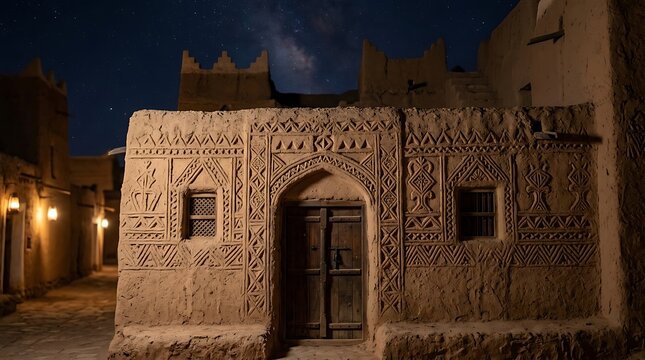 Historic arabian mud building with carvings under the milky way