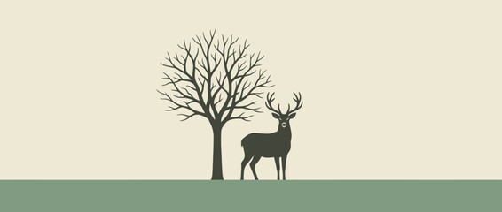 Minimalist Silhouette Illustration of a Deer Standing Near a Leafless Tree © Bakul