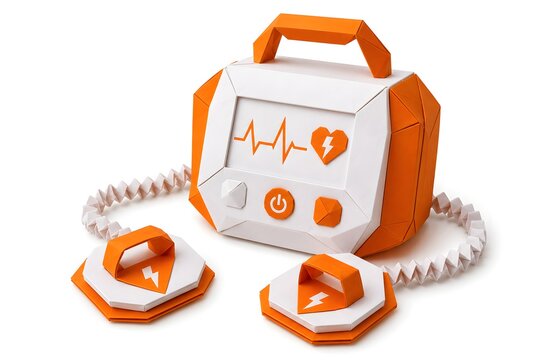 Origami Defibrillator with Folded Paddle Icons in Orange and White Paper Isolated on White Background