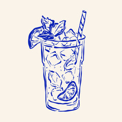 Fototapeta premium Highball glass with mojito, lime, mint, ice and straw. Bar drinks collection. For menus, beverage graphics and restaurant designs. Sketch, silhouette, hand drawn line art.