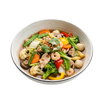 Traditional Indonesian Cap Cay Stir Fried Mixed Vegetables with Shrimp, Chicken and Mushrooms in Bowl