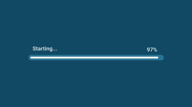 Animated motion graphics showing a thin white progress bar labeled "Starting..." reaching 97% over a dark blue background. Represents a nearly completed system startup, application launch,