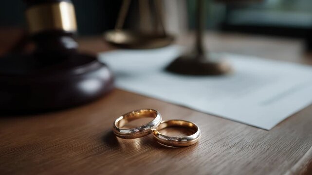 Wedding Rings on Table Near Gavel and Scales of Justice