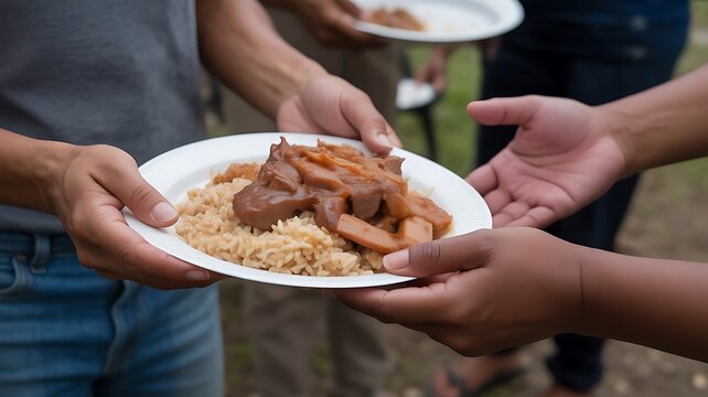 Two people holding a white paper plate with rice and meat stew, representing food donation, charity, community support, and helping those in need
