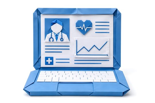 Origami Paper Laptop with Folded Medical Chart Isolated on White Background