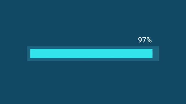 Animated motion graphics showing a bright cyan or turquoise progress bar reaching 97% over a dark blue background. Represents a nearly completed digital process, system task, file download,