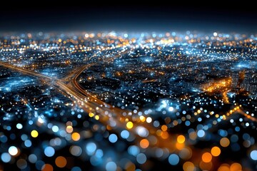 Naklejka premium Blurry City Lights at Night with Highway Interchange