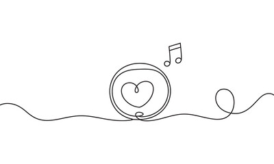 Fototapeta premium Continuous single line of a circular frame containing a heart shape with a musical note symbol above it, music and love concept, isolated on a white background, black ink