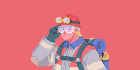 Fototapeta premium A person wearing a hard hat with goggles and a backpack, ready for an adventure
