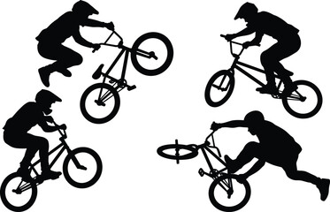 Fototapeta premium Black silhouettes of BMX bicycle riders performing extreme jumps and freestyle tricks isolated on white background