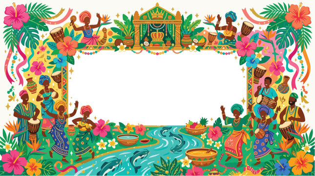 Colorful Afro Brazilian Cultural Celebration Illustration with Traditional Dancers Musicians and Tropical Flower Frame
