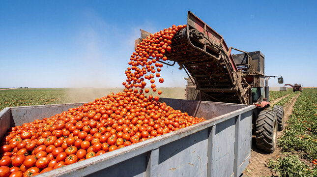 Tomatoes are being harvested and loaded into a truck on a sunny day in a farming field