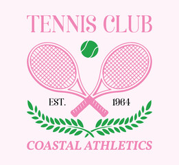 Tennis Club Coastal Sports Academy Illustration - Retro Premier Tennis Courts Athletic Graphic with Racket and Ball. Summer sports graphic tee. women's athletic print. vintage sports.