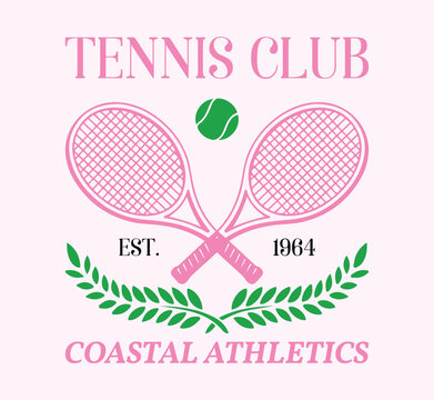 Tennis Club Coastal Sports Academy Illustration - Retro Premier Tennis Courts Athletic Graphic with Racket and Ball. Summer sports graphic tee. women's athletic print. vintage sports.