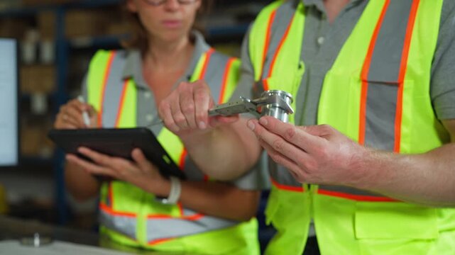 Closeup hands measure with vernier caliper&mdash;teamwork, safety vest, planning and inspection, modern machinery, professional workplace.
