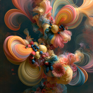 Surreal abstract digital artwork with flowing colorful ribbons, fresh fruits and blooming flowers, blending realism and imagination into a vibrant contemporary artistic composition.