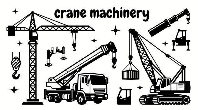 heavy lifting machinery featuring tower cranes mobile cranes crawler cranes telescopic cranes lifting hooks outriggers and construction vector illustration set for engineering construction logistics