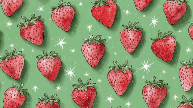 Fresh strawberries in pattern with sparkles during soft daylight for food advertising