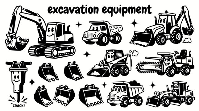 excavation equipment featuring crawler excavators backhoes trenchers skid steers hydraulic breakers buckets and earthmoving machinery vector illustration set for construction engineering