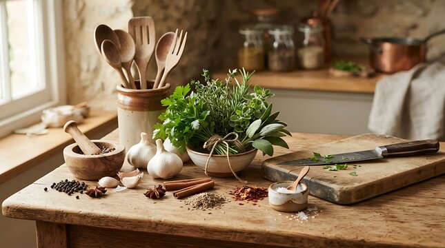 Rustic kitchen scene with fresh herbs and cooking utensils. Home chef preparing ingredients for meal preparation.