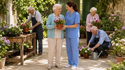 Obraz premium Therapeutic gardening workshop in a nursing home with seniors and caregivers