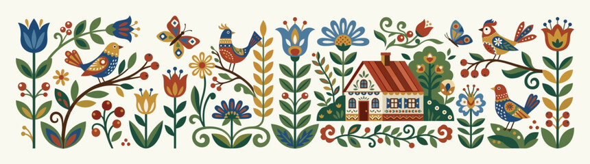 Folk Art Floral Pattern with Cute Birds and Rural Cottage © Astrea