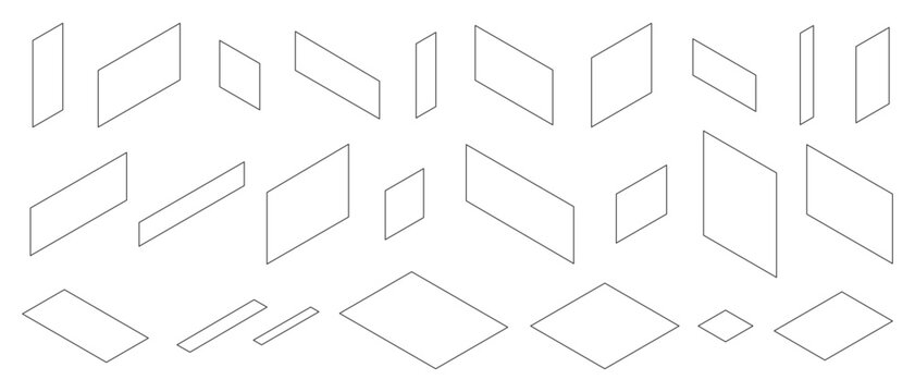 Isometric rectangular panels line art set, floating geometric frame templates vector illustration