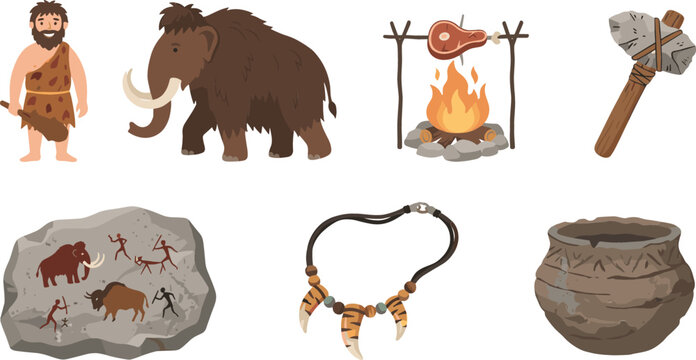 Prehistoric Stone Age Illustration Set with Caveman Character Woolly Mammoth Campfire Roasting Meat Stone Axe Cave Painting and Tooth Necklace