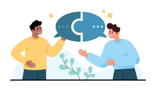 Two men discuss ideas with puzzle speech bubbles, showing teamwork, dialogue and connection in a modern flat scene isolated on white background vector illustration