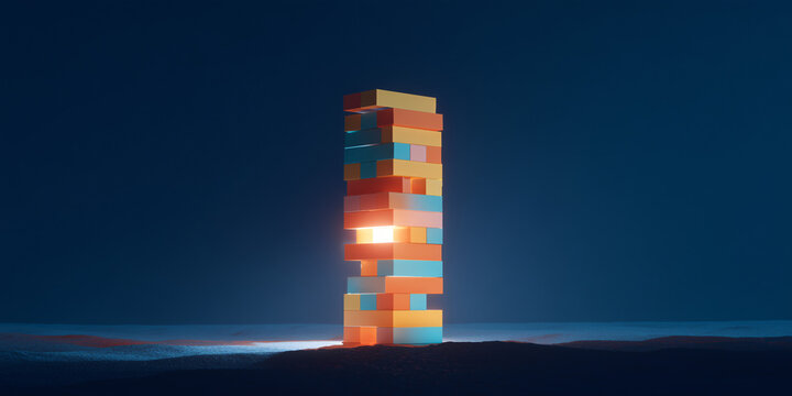 A precarious tower of colorful blocks stands tall against a dark blue background, illuminated by a warm glow from within. This image symbolizes risk, balance.