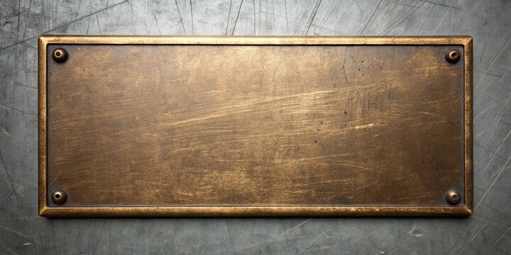Brushed brass plaque with rivets on a scratched metal background with ambient lighting