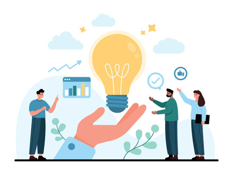 Modern creativity concept with giant light bulb above helping hand, diverse team discussing strategy, growth charts and approval icons, isolated on white background vector illustration