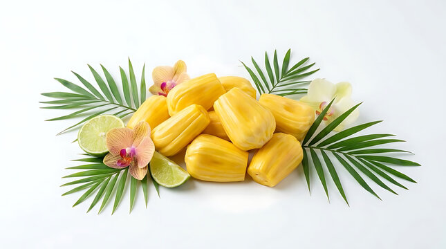 Ripe yellow jackfruit pods with green palm leaves.