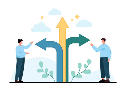 People stand beside branching arrows pointing left right and up, showing direction choice, decision making, navigation, strategy, career path planning isolated on white background vector illustration