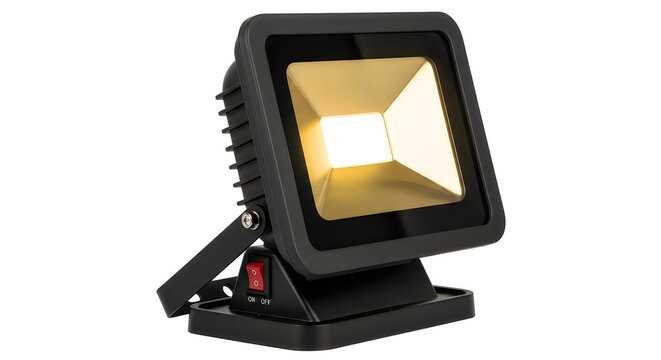 Led floodlight outdoor lighting projector with yellow glow isolated on white.