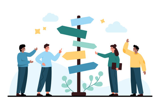 Four coworkers discuss options around a colorful signpost, exploring direction choice, planning, guidance, and decision making in a modern flat scene isolated on white background vector illustration