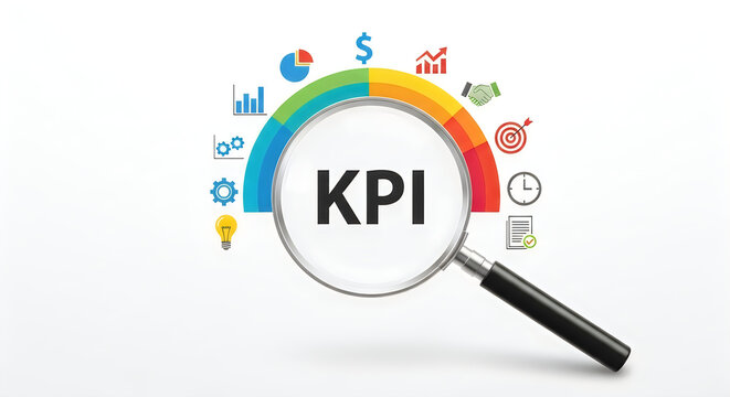 Magnifying glass focusing on kpi text with colorful business performance icons.