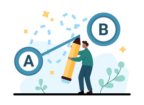Person draws a direct route from point A to point B with a large pencil, showing shortcut, simple navigation, efficient planning, and smart problem solving vector illustration