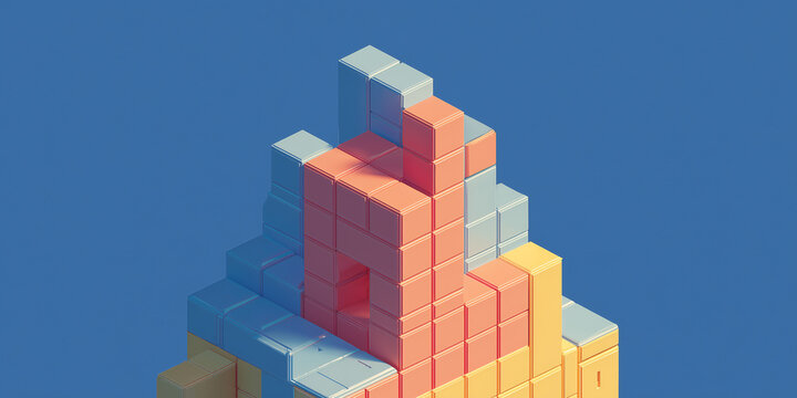 3D voxel art sculpture of a whimsical, colorful ice cream cone with a cherry on top, set against a clear blue sky background
