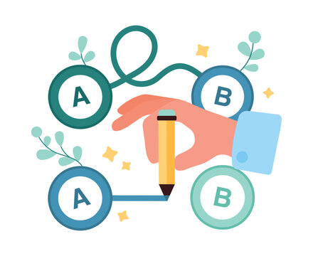 Hand drawing a shorter route from A to B with connected circles, showing easy way, shortcut, navigation, planning, efficiency, and problem solving isolated on white background vector illustration
