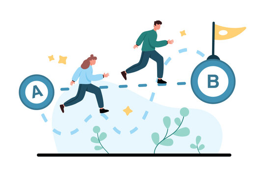 People move from point A to point B along a shortcut path, showing easy wayfinding, faster progress, route planning, navigation, and goal achievement isolated on white background vector illustration