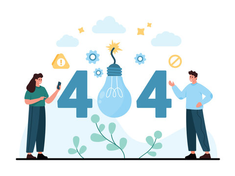 Modern error 404 page not found concept with broken light bulb, warning icons and people beside large numbers, isolated on white background vector illustration