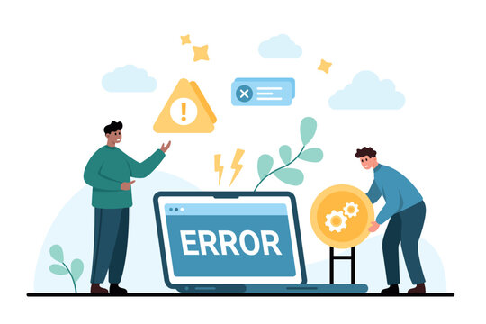 People fixing computer error with warning sign, system failure message and gear settings, showing bug, troubleshooting, repair support and tech issue isolated on white background vector illustration