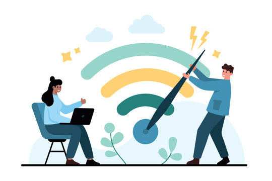 People using laptop and adjusting a large wifi speed gauge to show fast internet connection, broadband performance, network acceleration and online technology isolated on white vector illustration
