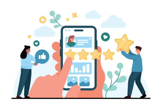 People leave likes and star ratings on a smartphone review screen with social media icons, user profile, and analytics dashboard, isolated on white background vector illustration