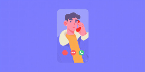 Fototapeta premium A cartoon of a man on a video call, talking on the phone with a red receiver. He is wearing a yellow shirt and has short brown hair. The background is a solid purple.