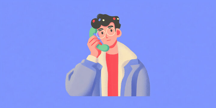 A stylized illustration of a person with curly hair and glasses, wearing a jacket and red shirt, talking on a vintage green telephone. The background is a solid purple color