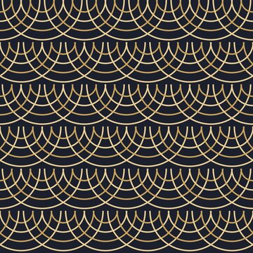 Art deco fan scallop seamless pattern gold navy luxury background